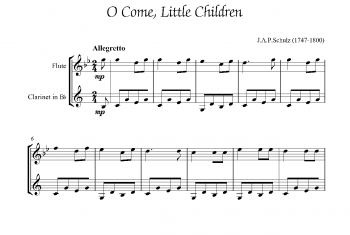 长笛、单簧管圣诞颂歌二重奏曲谱:O Come, Little Children(for flute and clarinet in Bb)